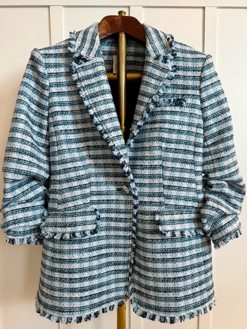CINQ A SEPT KHLOE FRINGE-TRIM TWEED RUCHED SLEEVE MATILDA BLAZER JACKET
